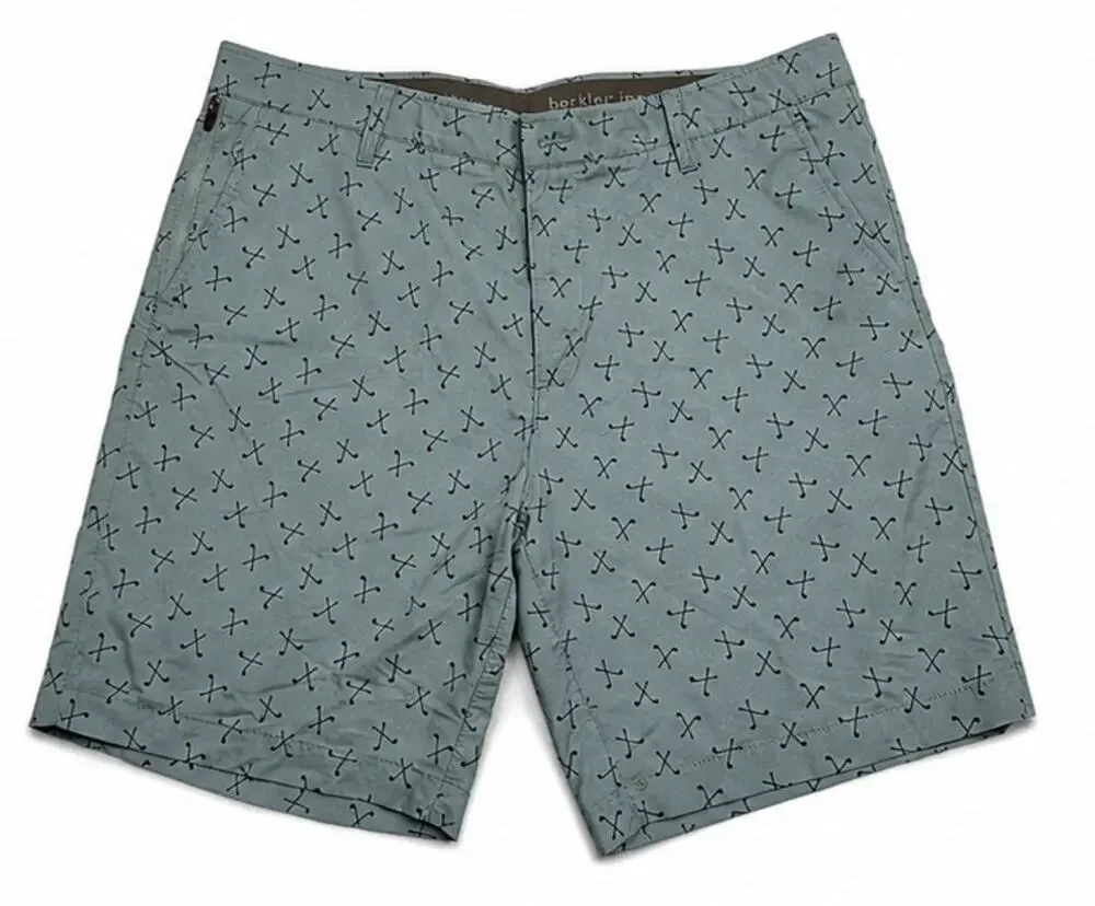 Berkley Jensen Mens 38 Golf Shorts Blue Green All Over Print Flat Front Casual
